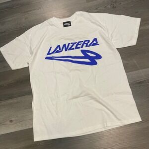 Lanzera Soccer Graphic T-Shirt Mens Large White Blue Logo Short Sleeve vintage